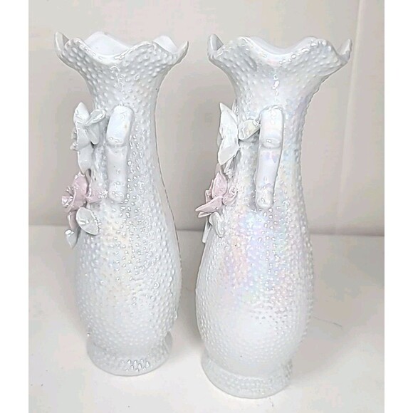Vintage Set Of 2 Opalescent Porcelain White Lusterware Vase 8" Tall 3D Flowers - Picture 4 of 9